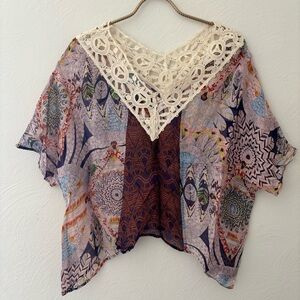 Boho Silk Blend Flowy Blouse with Crochet Neckline Accent